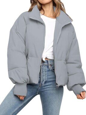 Women’s Puffer Jacket Quilted Baggy Long Sleeve Zip Down Jacket Outerwear Grey